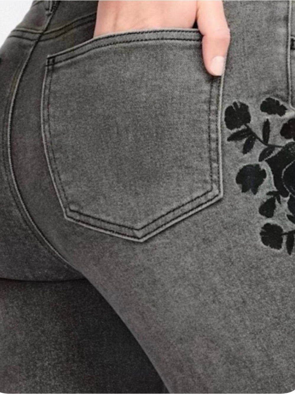 Gray Boot Cut Soft Goth Acid Wash Jeans with Black Floral Embroidery - Picture 3 of 8